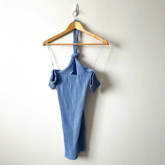 Zara Ribbed Knit Knot Halter Neck Mini Dress  Sky Blue NWOT Size Medium - Picture 7 of 7